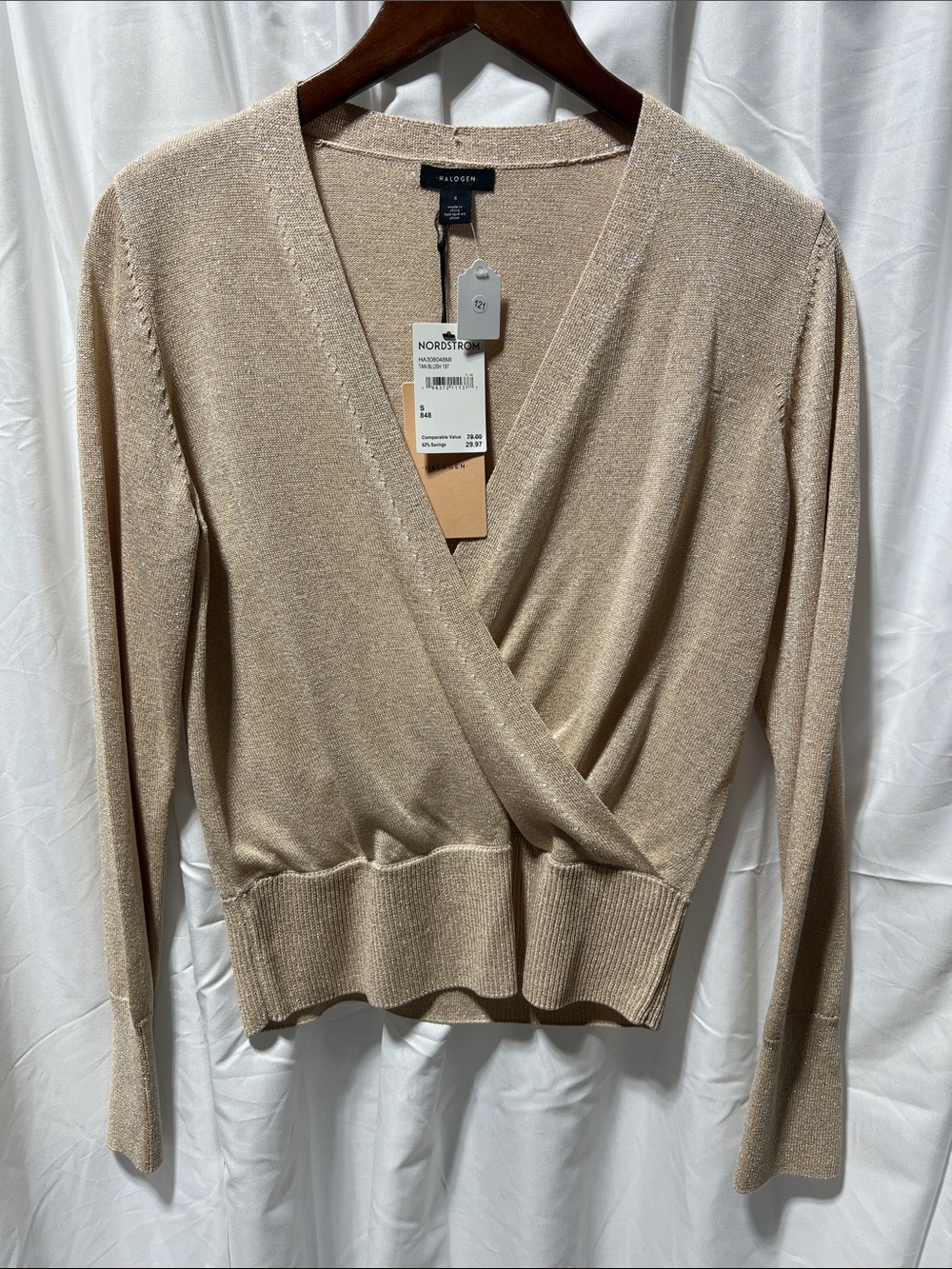 Halogen Metallic Wrap V-Neck Sweater in Champagne Beige